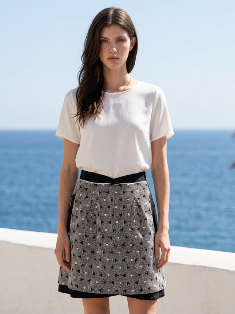 FLOREAT Anthropologie Embroidered Circle Pleated Mini Skirt Black White Boho